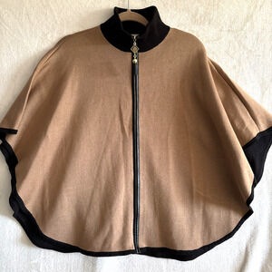 Womens Cape Coat Poncho S Camel Brown Zip Front Lion Pull Old Money Minimalist